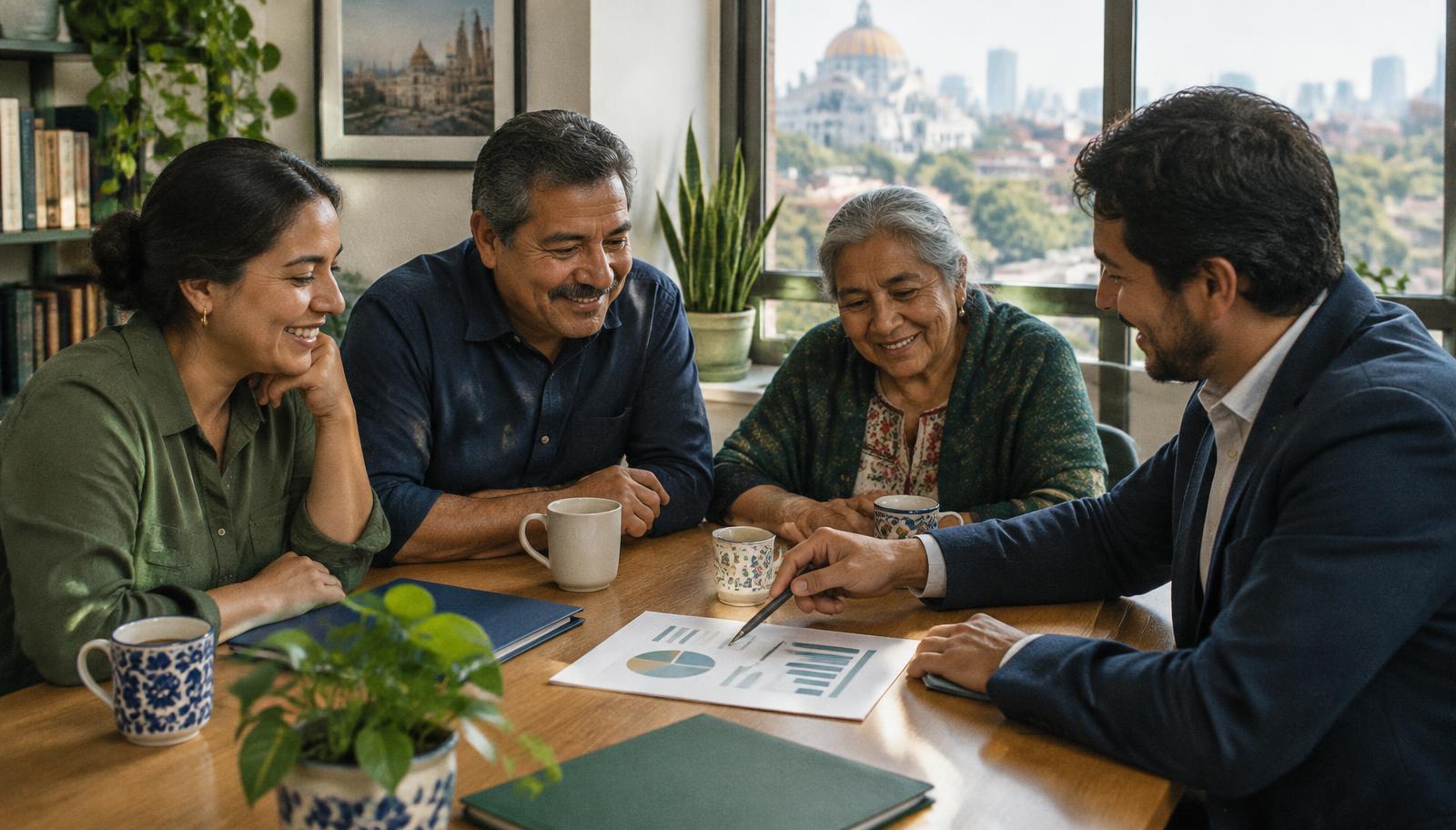 Familia mexicana escuchando la explicación de su asesor en Rescate Patrimonial